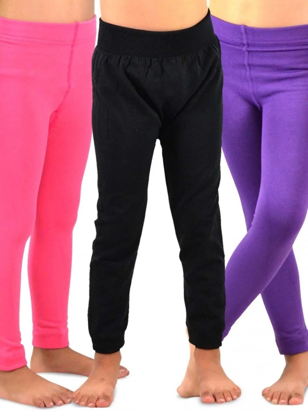 Girls' Cotton Stretch Leggings in Black, Pink & Purple